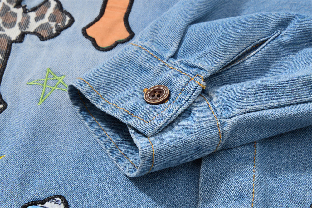 Denim Shirt Men's Long Sleeve Cross Patch Embroidery Leopard Collar Oversized