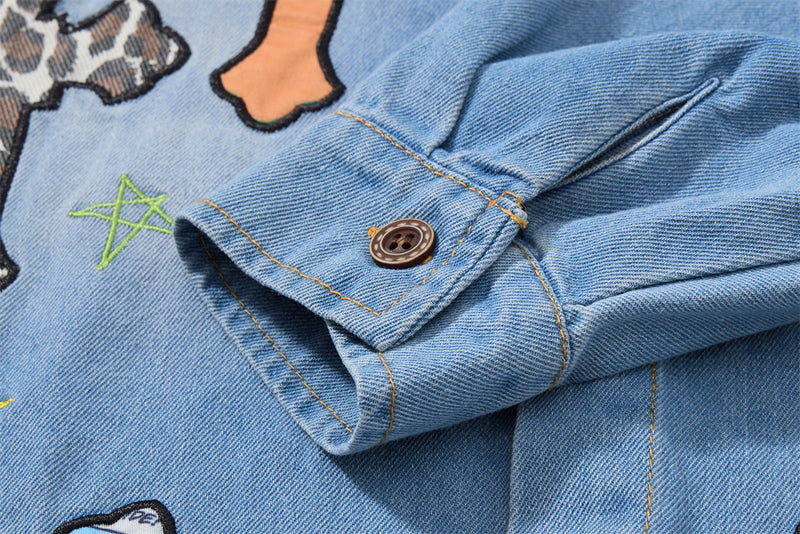 Denim Shirt Men's Long Sleeve Cross Patch Embroidery Leopard Collar Oversized