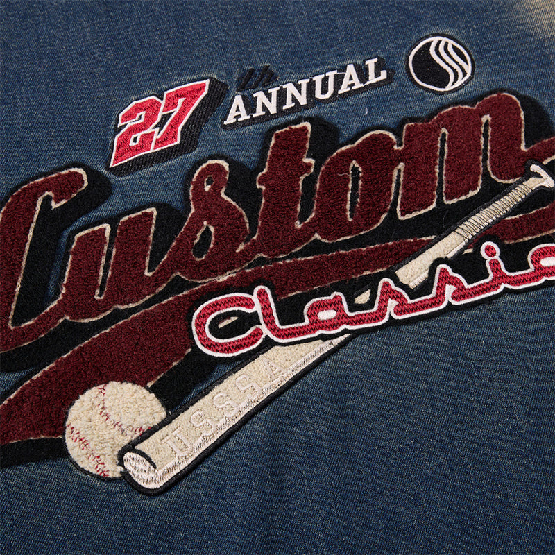 Vintage Washed Denim Sweatshirt – V-Neck Baseball Embroidery Oversized Pullover