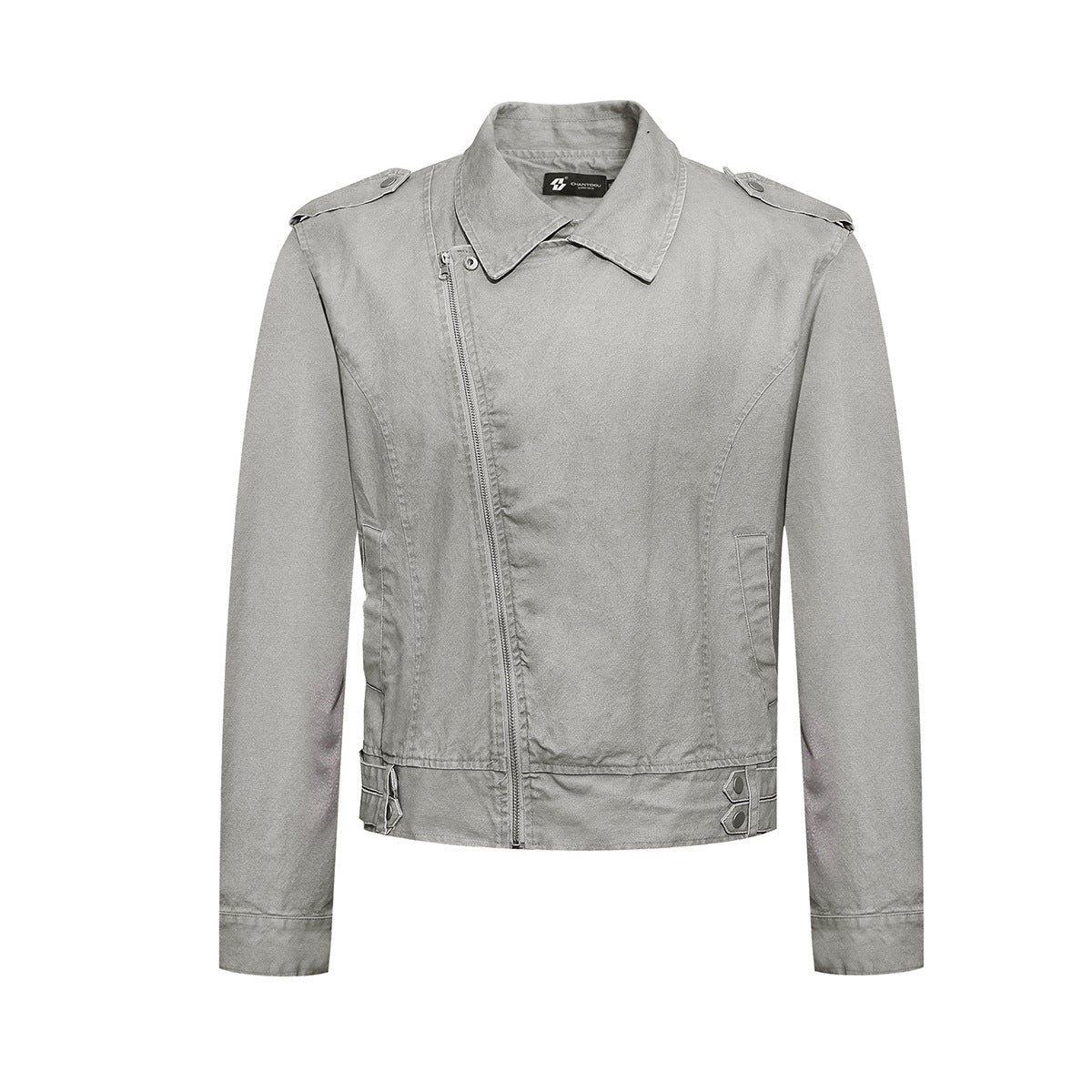Men's washed asymmetric-zip moto jacket with spread collar and shoulder epaulettes in light grey