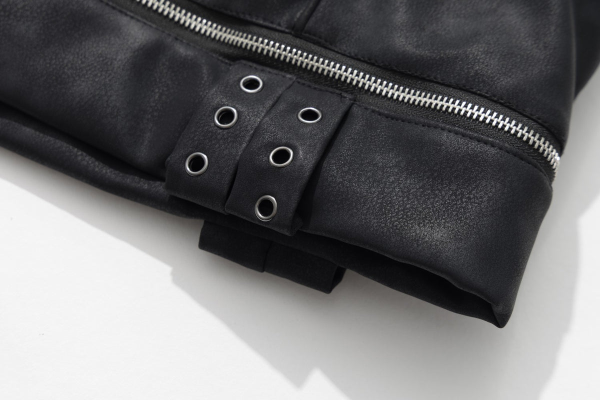 Black Faux Leather Hooded Bomber Jacket with Faux Fur Trim & Buckle Strap