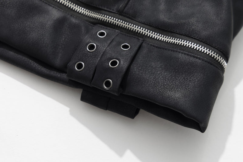 Black Faux Leather Hooded Bomber Jacket with Faux Fur Trim & Buckle Strap