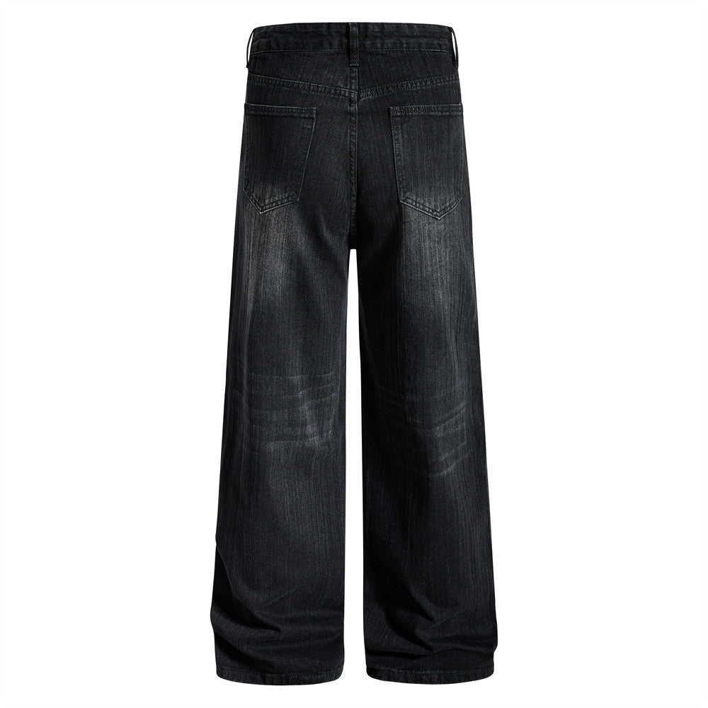Wide-Leg Jeans Men – Washed Denim, Rhinestone Cross & Paint Splatter Detail