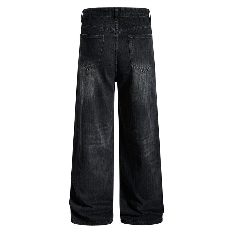 Wide-Leg Jeans Men – Washed Denim, Rhinestone Cross & Paint Splatter Detail