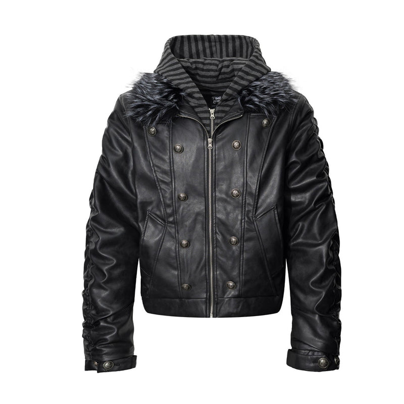 Veste matelassée en similicuir avec col en fausse fourrure et boutons croisés