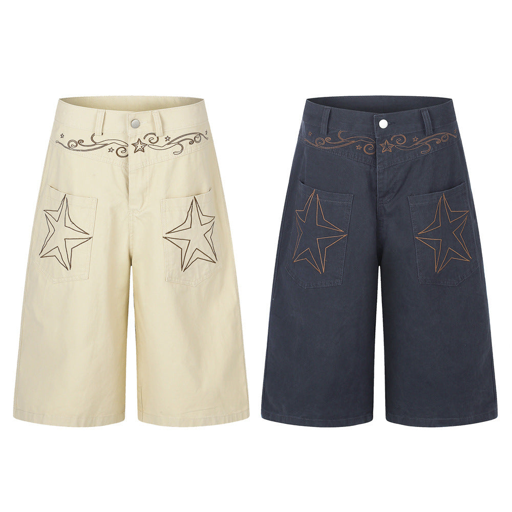 Star Embroidered Wide-Leg Cargo Shorts – Y2K High Street Streetwear