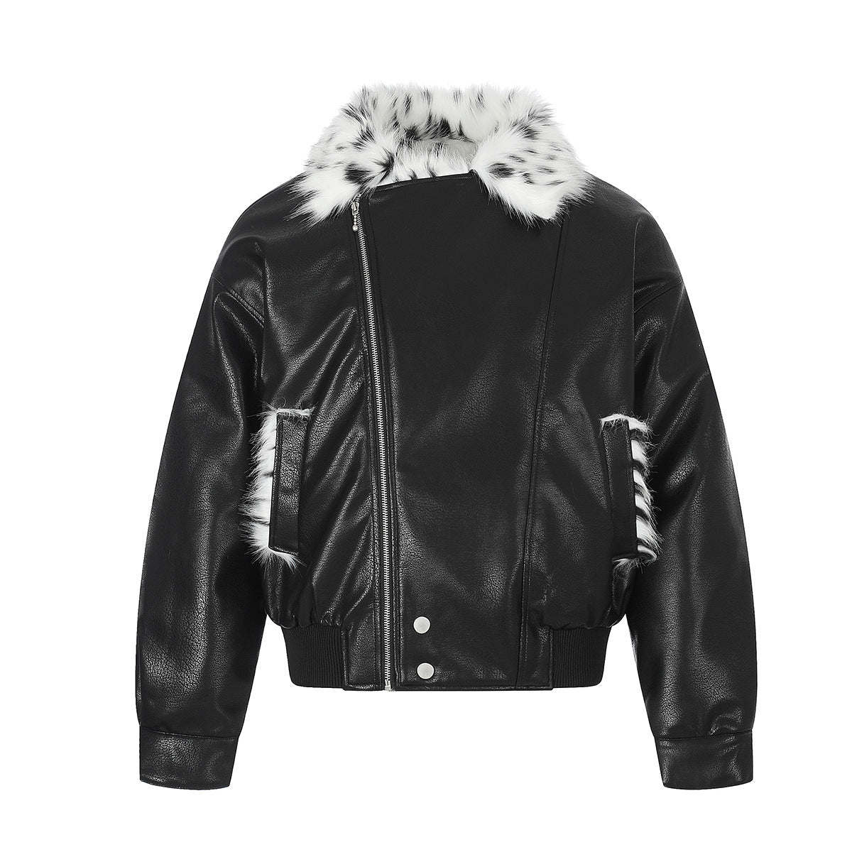 Black Faux Leather Bomber Jacket with Spotted Faux Fur Collar