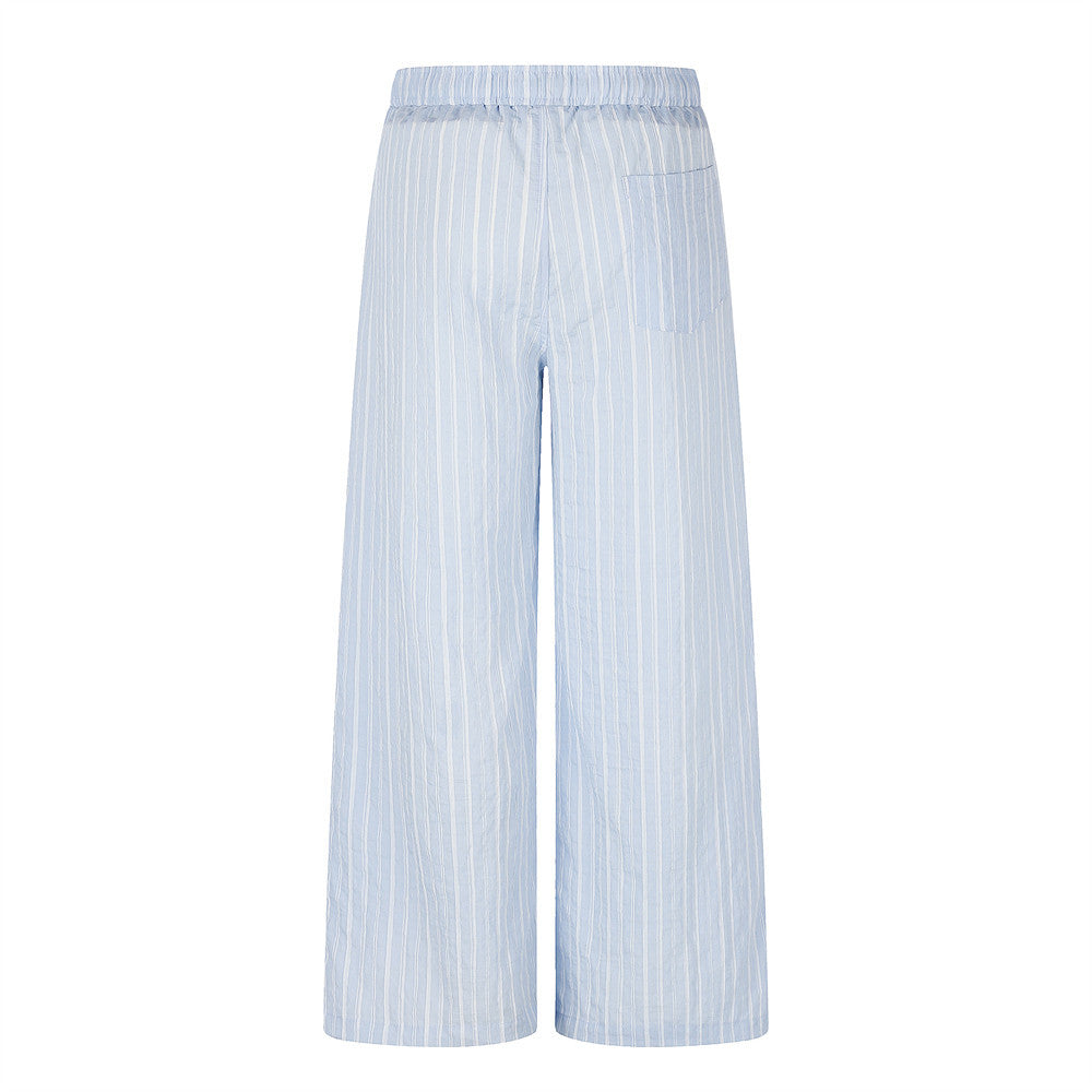 Striped Wide-Leg Pants with Elastic Drawstring Waist and Pleated Detail