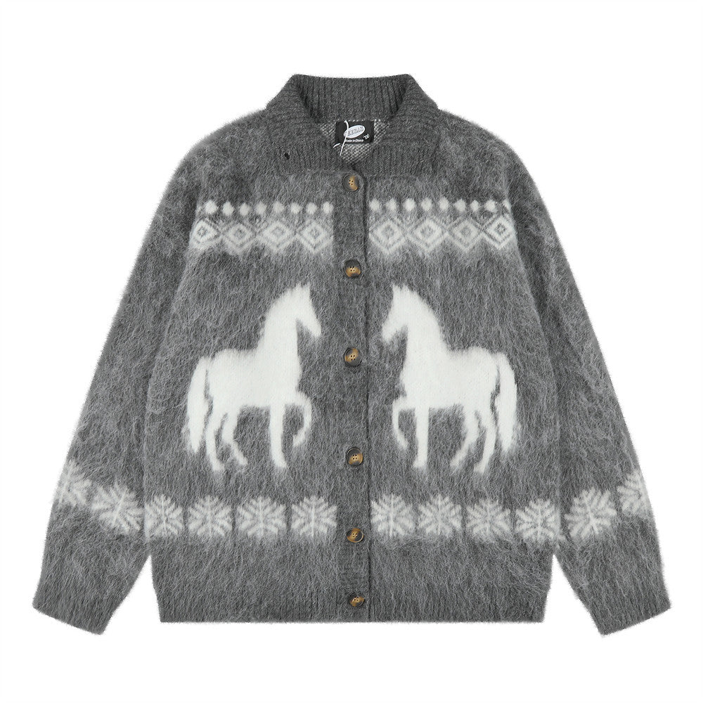 Cárdigan de Punto Jacquard con Caballos – Jersey Oversize de Punto Fair Isle con Botones
