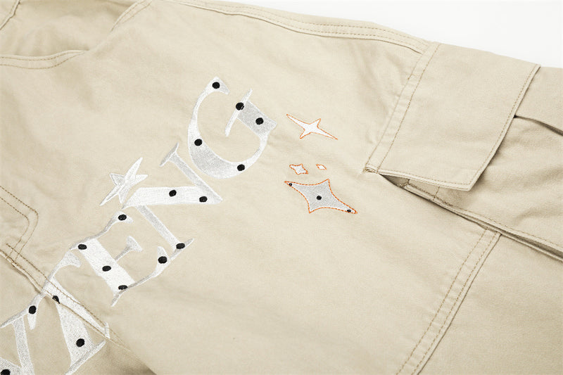 RVNTENG Letter Embroidery Cargo Shorts – Men's Wide Leg Street Style