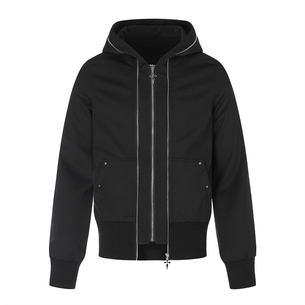 Front view of black zip-up hoodie jacket with hood, double zippers, and pockets