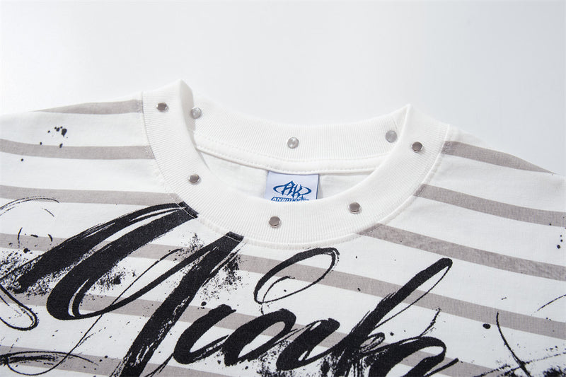 Oversized T-Shirt Men Striped Long Sleeve Paint-Splatter Script Logo Tee