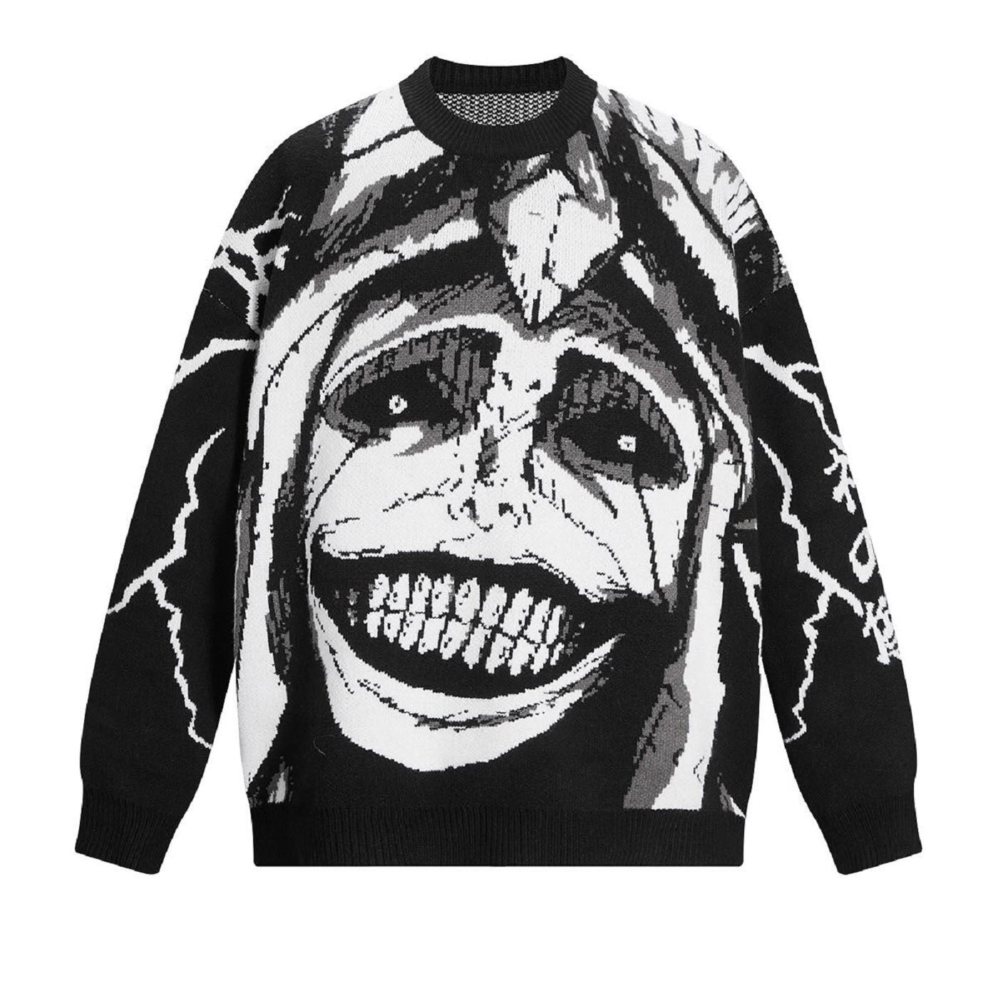 A black and white knit sweater by Solo Leveling, featuring a large cartoonish face graphic with exaggerated features and lightning-like jagged lines. The crew-neck, long-sleeved Premium Solo Leveling Statue of God Knit Sweater is perfect for fans who appreciate edgy epic fantasy jacquard designs.