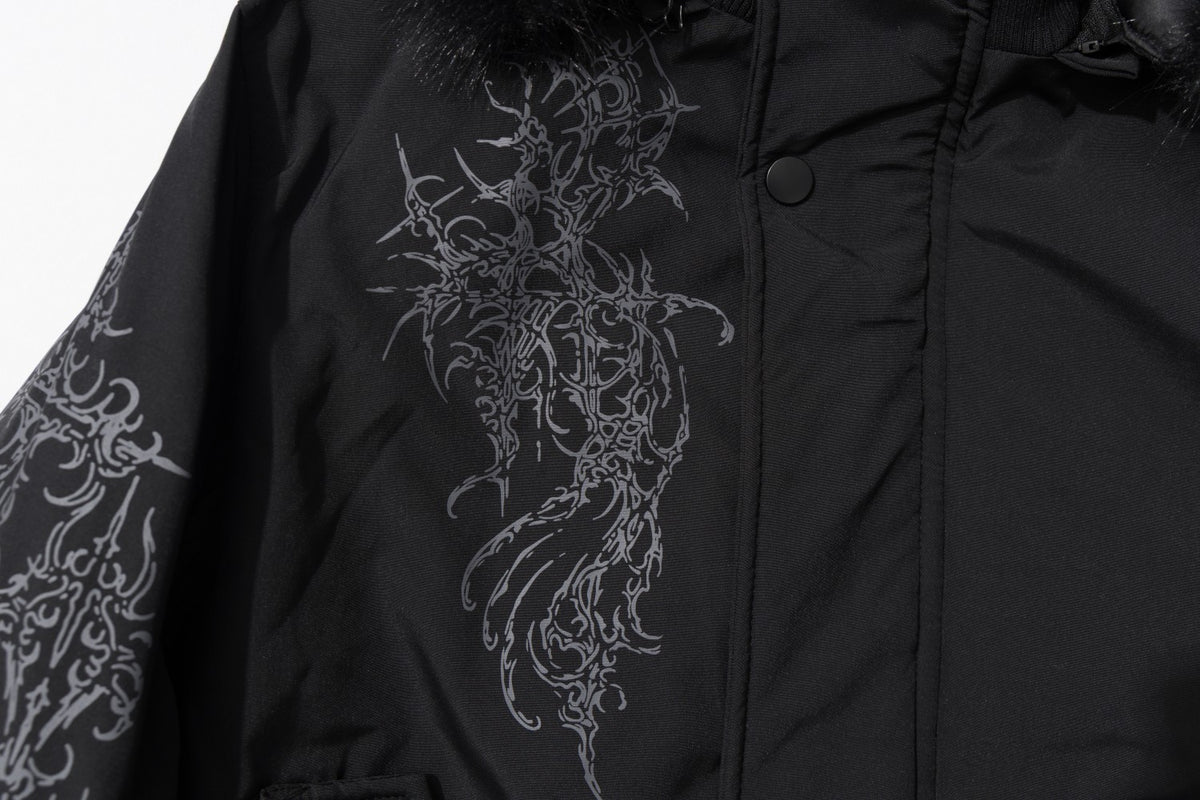 Men's Faux Fur Hood Bomber Jacket – Black Gothic Graphic Padded Coat