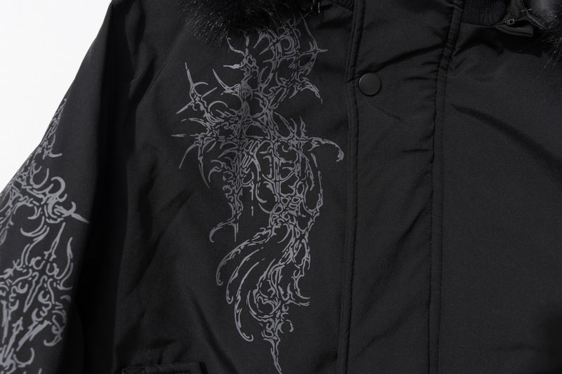 Men's Faux Fur Hood Bomber Jacket – Black Gothic Graphic Padded Coat