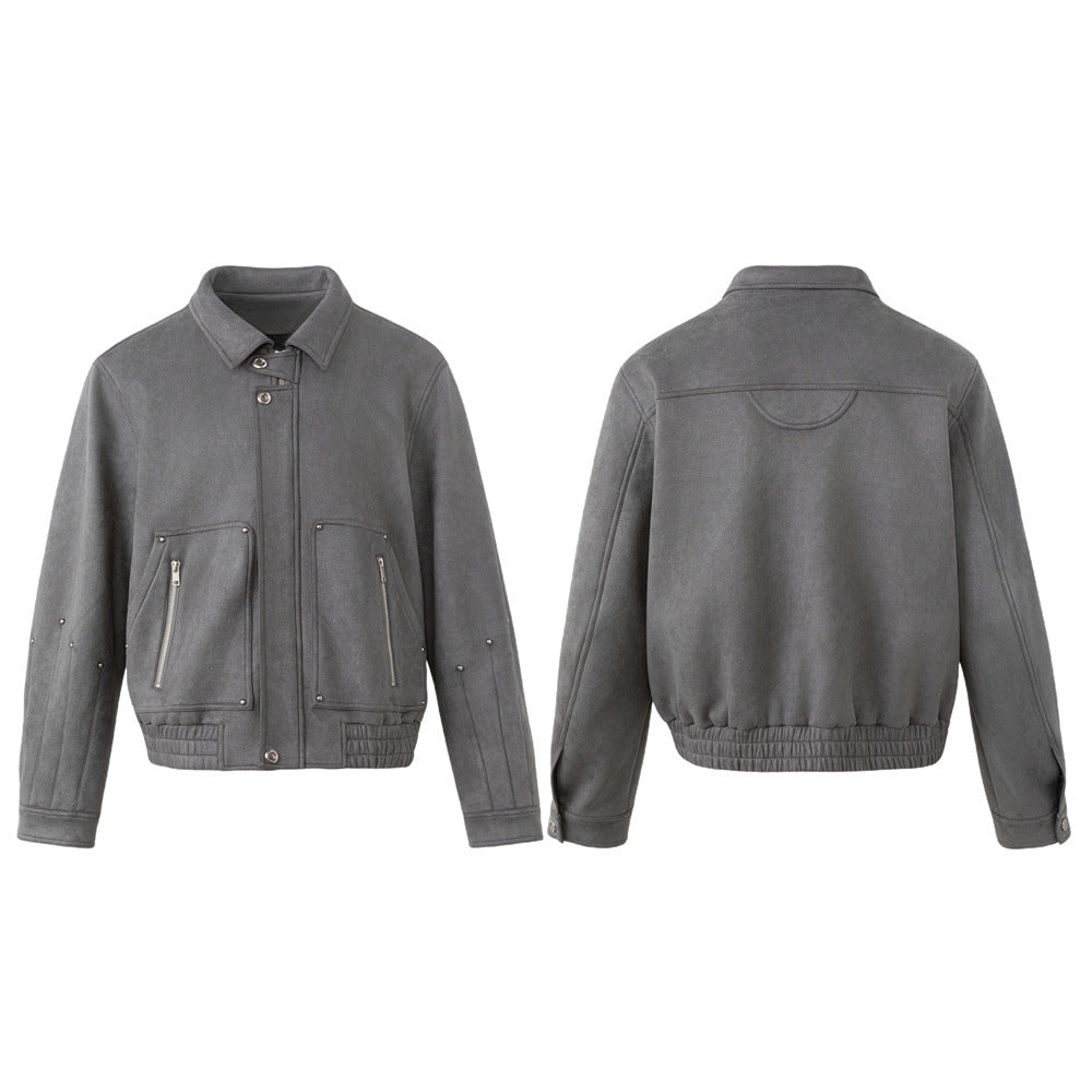 Men's Oversized Bomber Jacket – Grey Suede-Touch Fabric with Stud Details & Zip