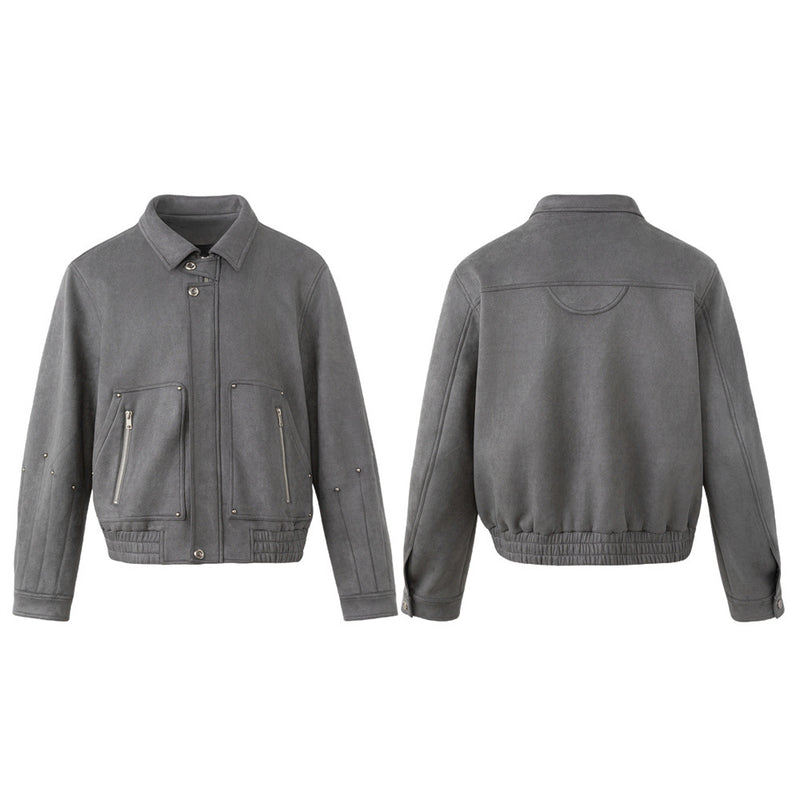 Men's Oversized Bomber Jacket – Grey Suede-Touch Fabric with Stud Details & Zip