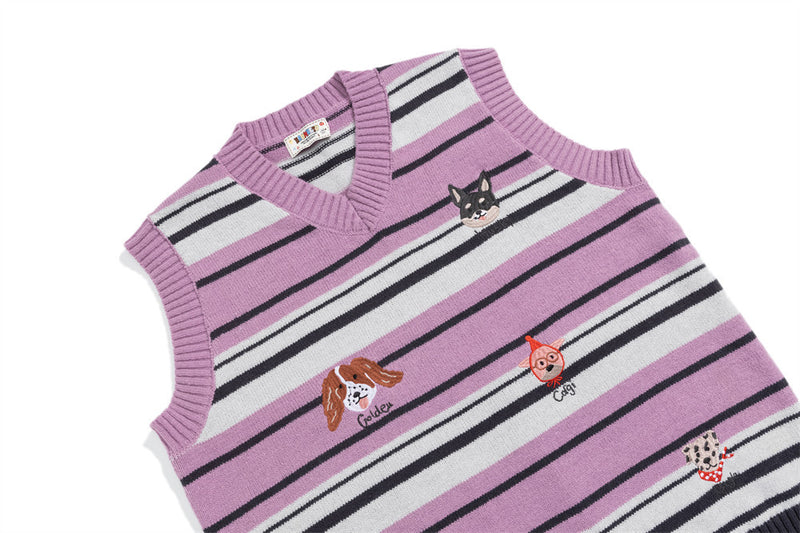 Striped V-Neck Sweater Vest with Dog Embroidery – Relaxed Fit Knit