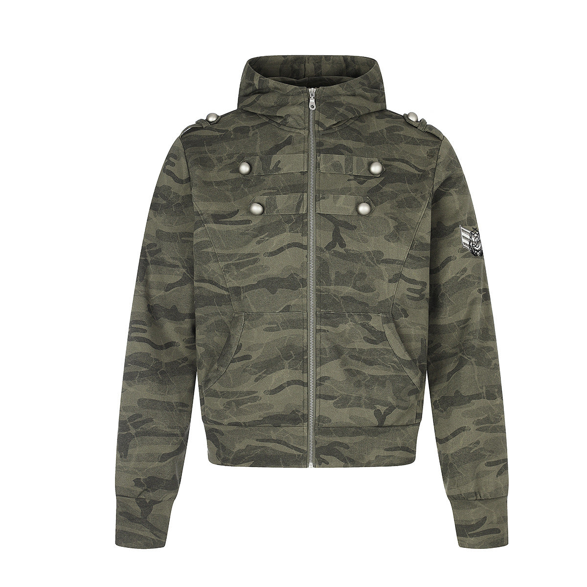 Sudadera con capucha y cremallera de camuflaje, oversize de estilo militar con botones plateados