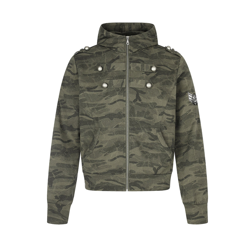 Sudadera con capucha y cremallera de camuflaje, oversize de estilo militar con botones plateados