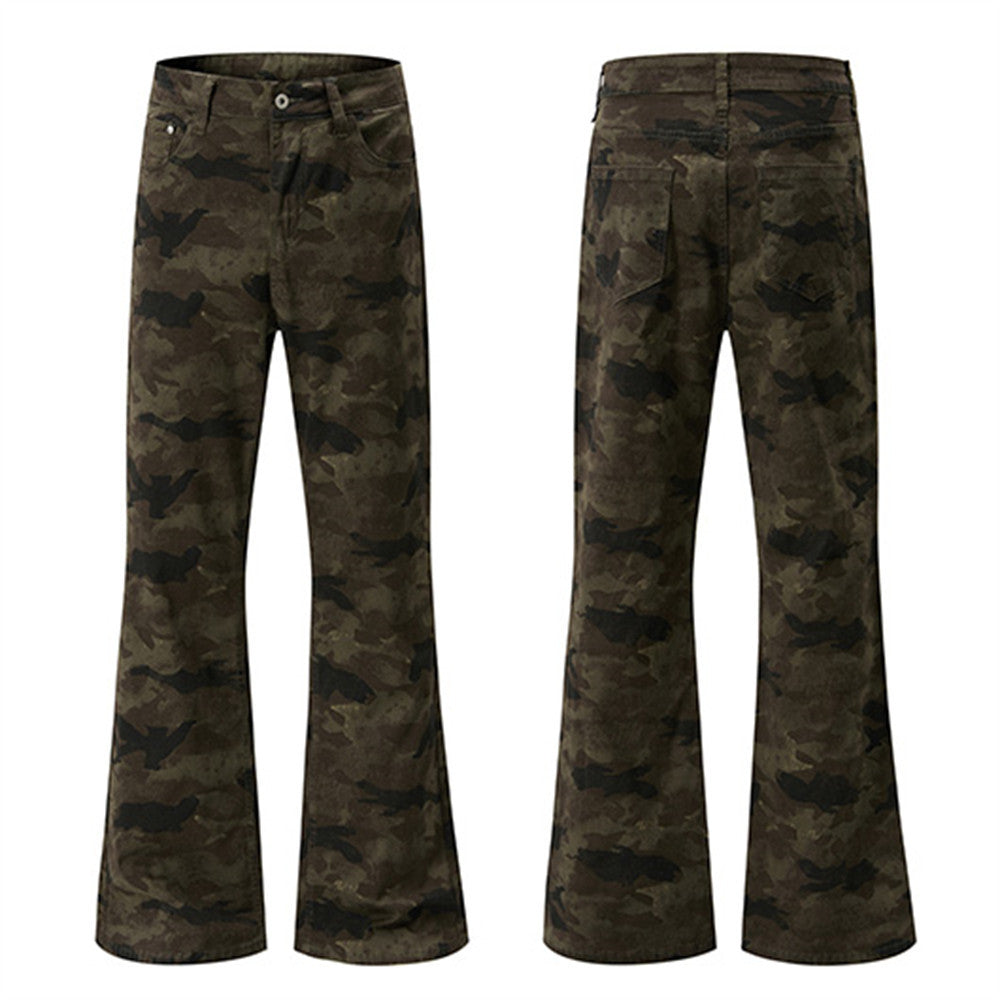 Men's dark olive camouflage flare pants shown front and back, relaxed fit bell-bottom silhouette