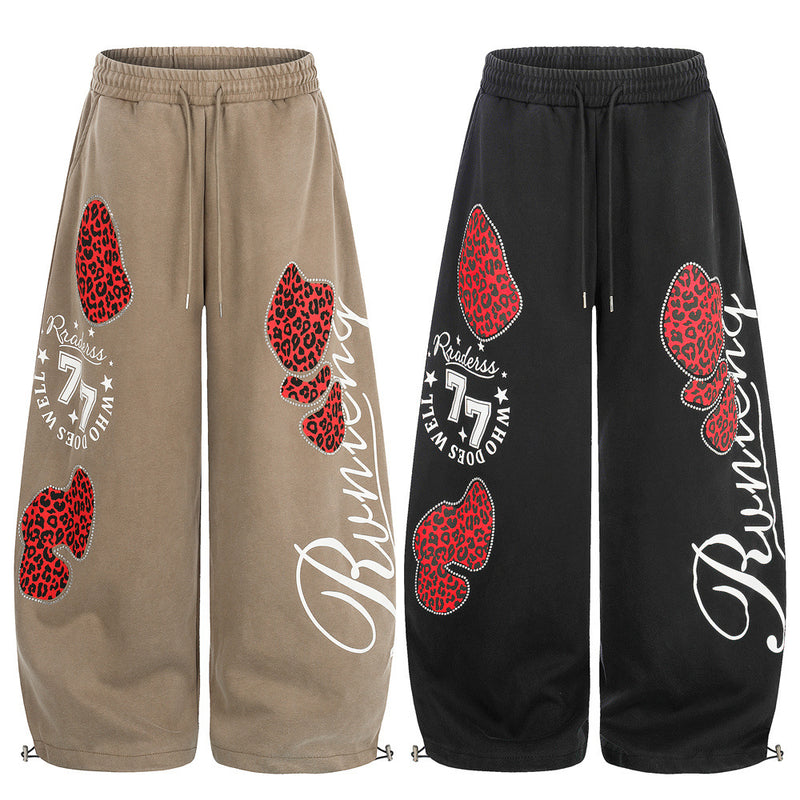 Wide-Leg Sweatpants with Leopard Print Rhinestone Hearts & Varsity Graphic