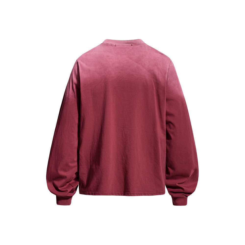 Back view of burgundy long sleeve crew neck shirt with plain solid finish