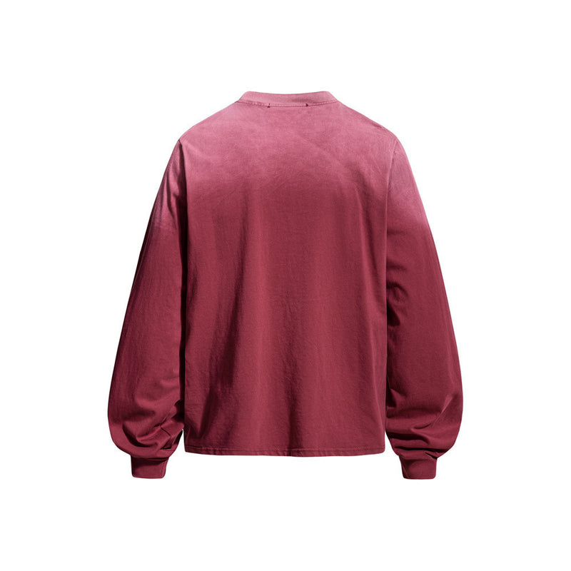 Back view of burgundy long sleeve crew neck shirt with plain solid finish