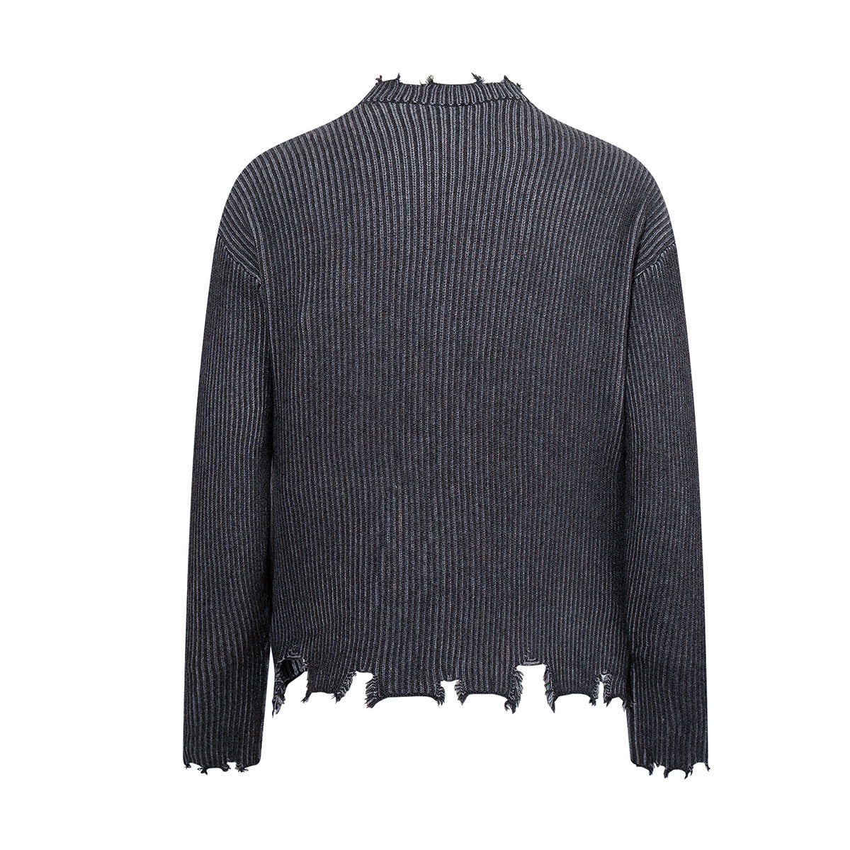 Distressed Ribbed Knit Cardigan with Asymmetric Button Placket – Washed Grey