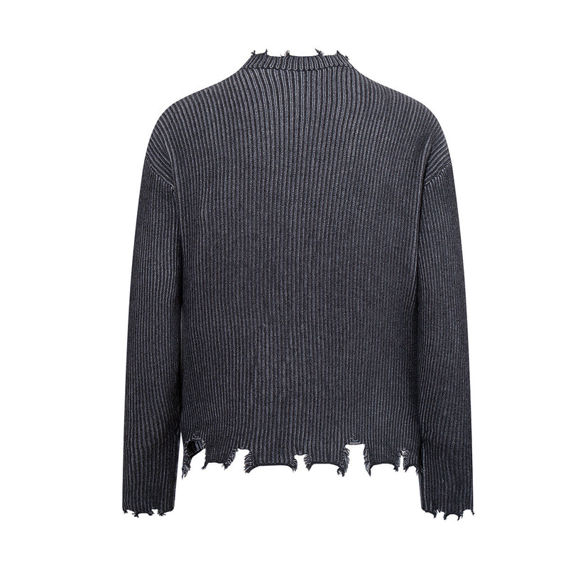 Distressed Ribbed Knit Cardigan with Asymmetric Button Placket – Washed Grey