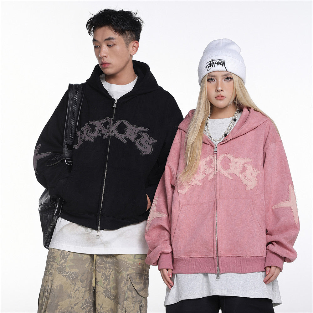 Baggy Zip Up Hoodie with Letter Appliqué — Oversized Streetwear Zip Hoodie