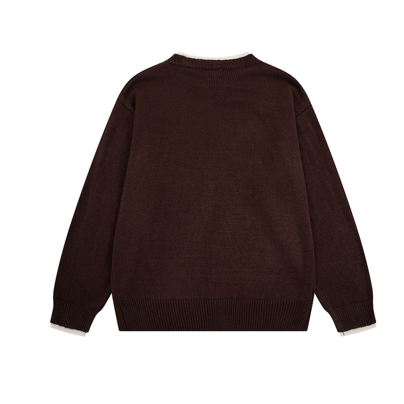 Crew Neck Graphic Knit Sweater – Retro American Campus Style