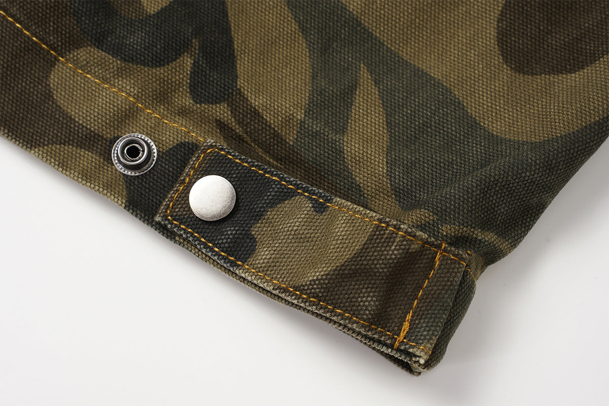 Veste de travail zippée en toile camouflage avec col en velours côtelé