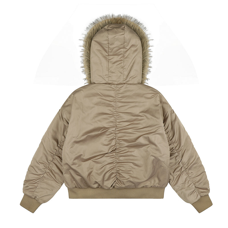 Leopard Print Fleece-Lined Bomber Jacket with Faux Fur Hood