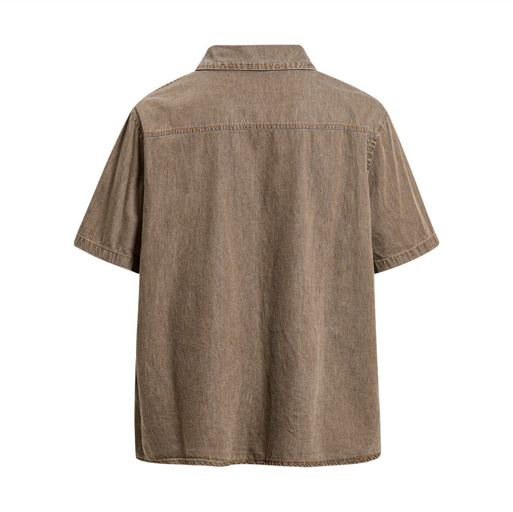 Vintage Sun-Faded Washed Denim Short Sleeve Shirt – Oversized Streetwear Fit