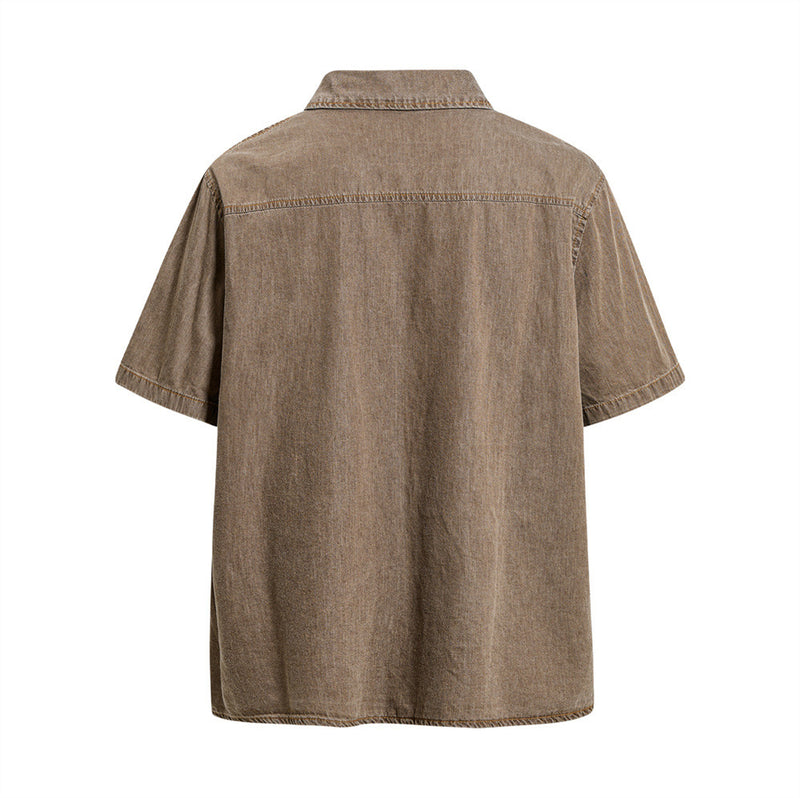 Vintage Sun-Faded Washed Denim Short Sleeve Shirt – Oversized Streetwear Fit