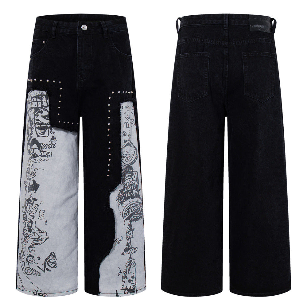 Wide-Leg Patchwork Jeans – Graffiti Print Panels & Studded Detail