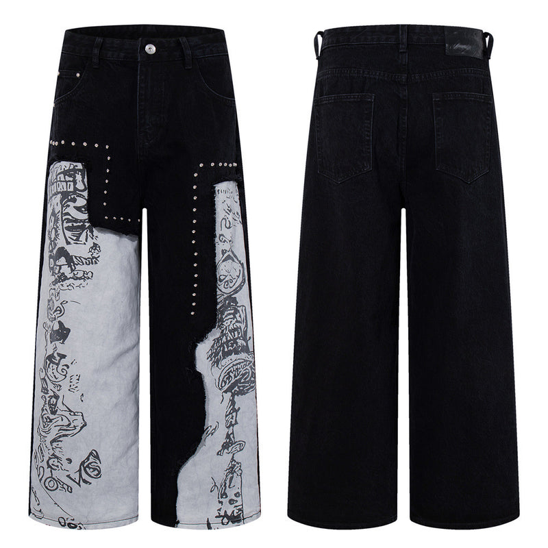 Wide-Leg Patchwork Jeans – Graffiti Print Panels & Studded Detail