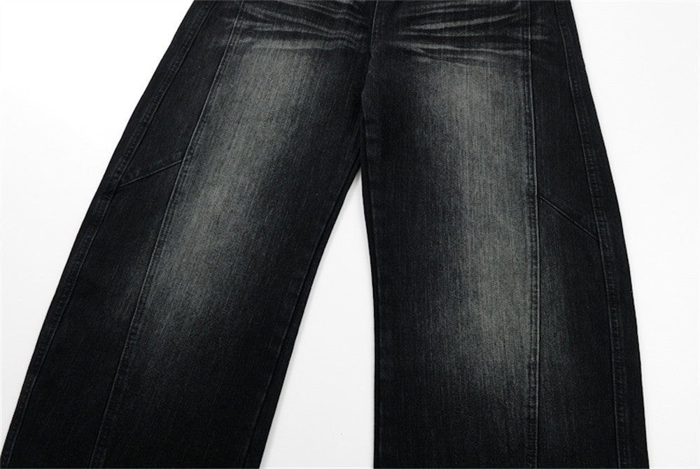 Men's Black Baggy Wide-Leg Jeans – Washed Distressed Curved Silhouette