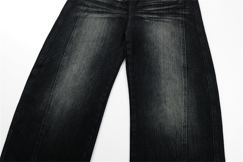 Men's Black Baggy Wide-Leg Jeans – Washed Distressed Curved Silhouette
