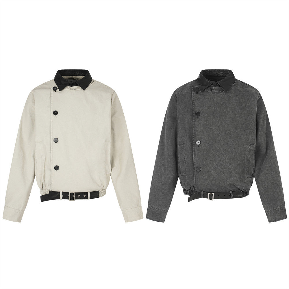 Moto-Inspired Workwear Jacket – Irregular Button Placket, Contrast Collar