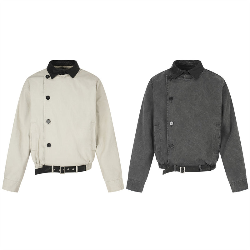 Moto-Inspired Workwear Jacket – Irregular Button Placket, Contrast Collar