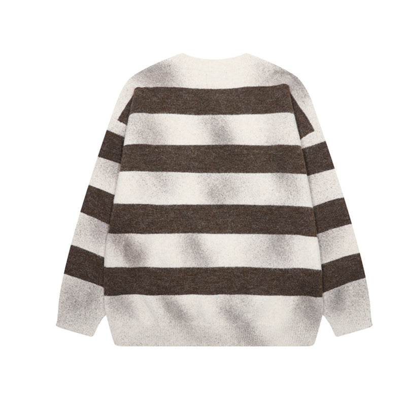 Brown and White Striped Sweater – Henley Neck Knit Pullover