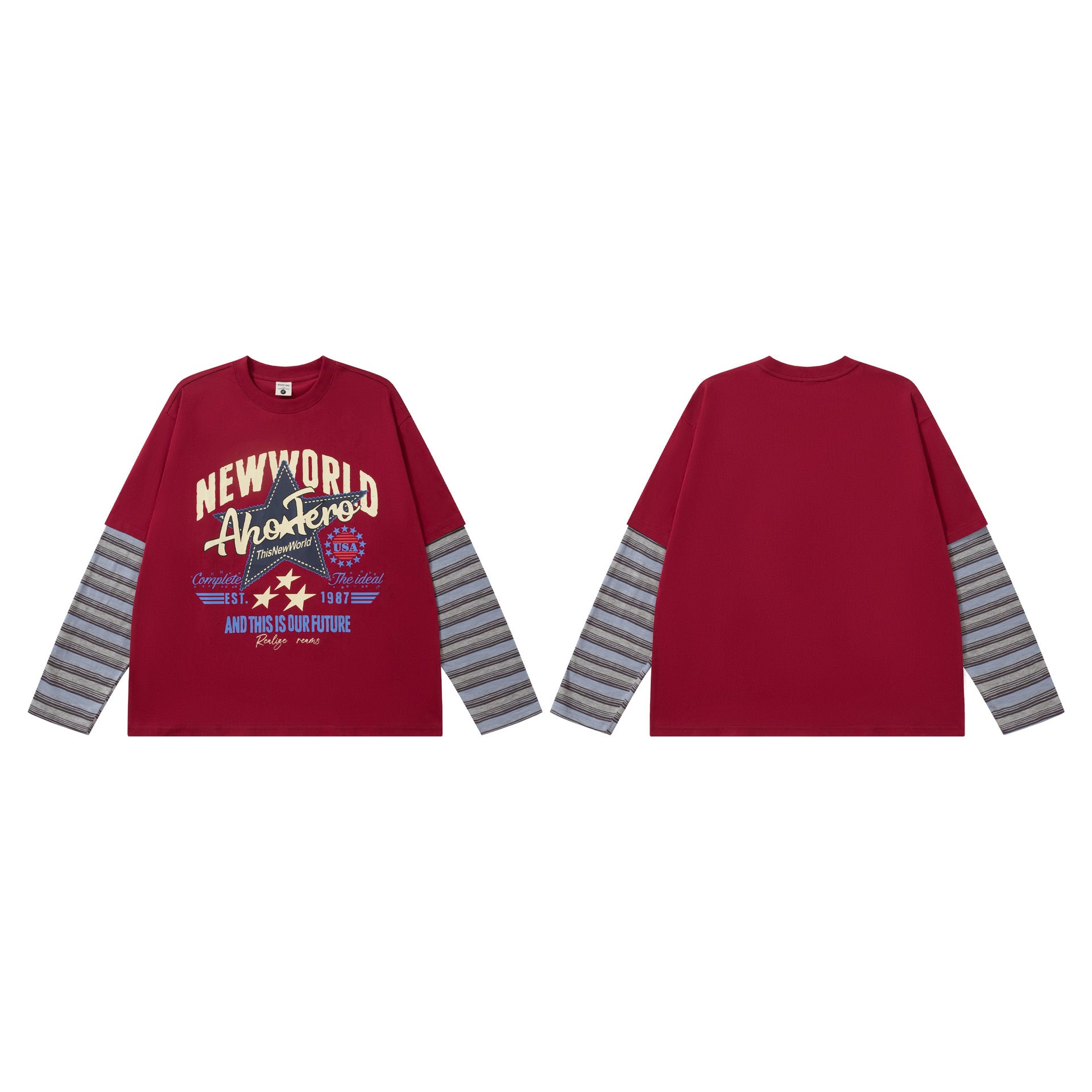 ニューワールド レトロ グラフィック長袖Tシャツ フェイクレイヤード ストライプスリーブ