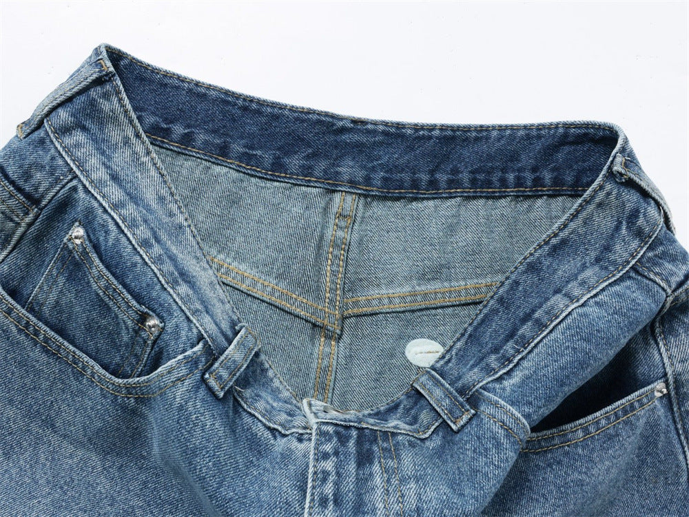 Men's Patchwork Wide-Leg Jeans – Straight Fit Streetwear Denim with Contrast