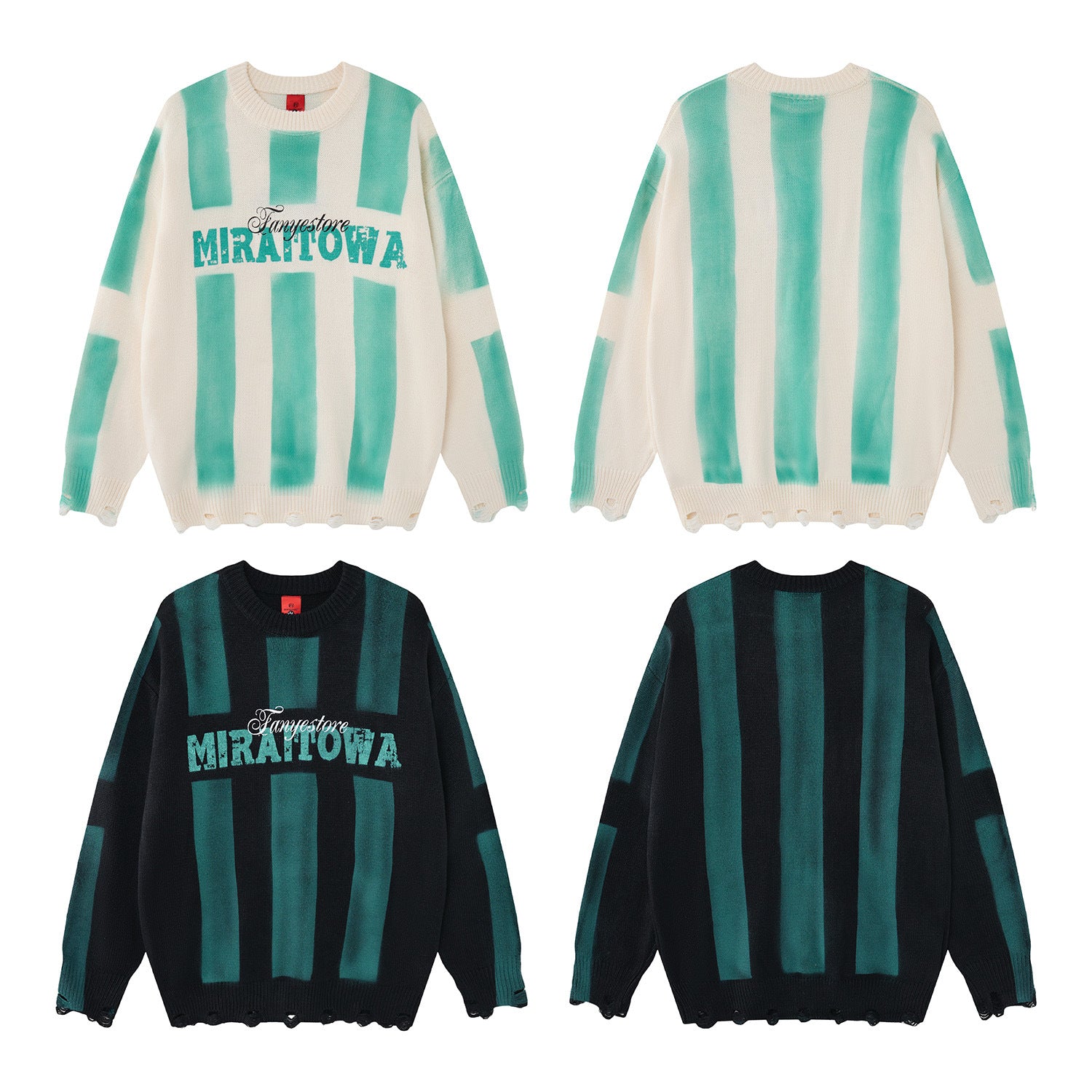 Pull en maille rayé et délavé – Col rond oversize, streetwear vintage américain