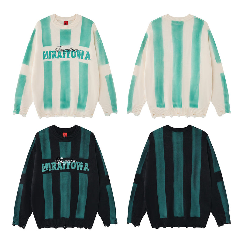 Pull en maille rayé et délavé – Col rond oversize, streetwear vintage américain
