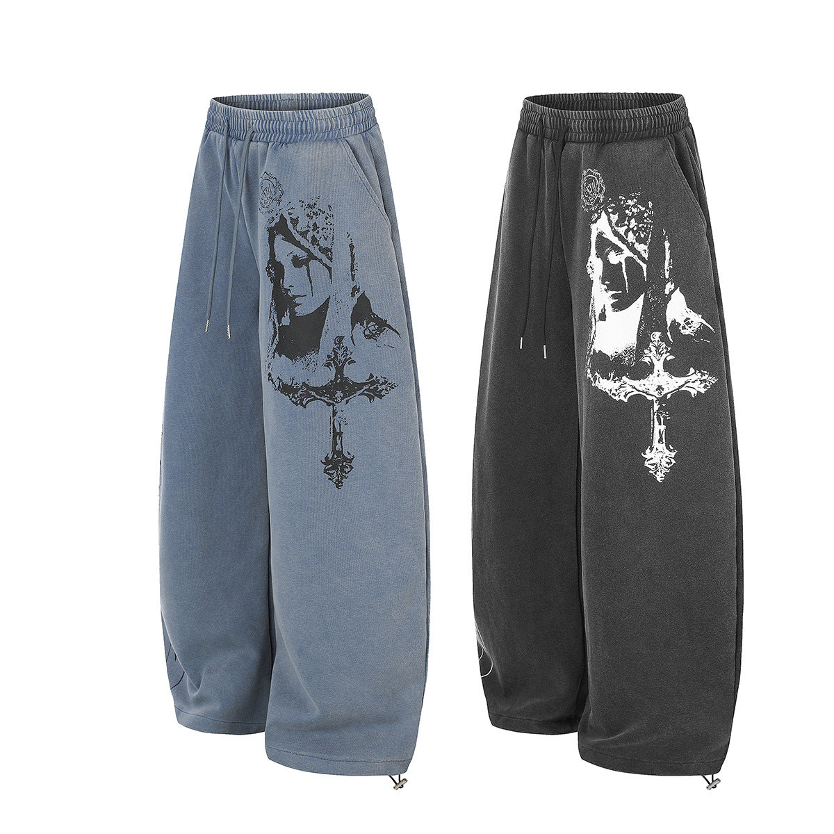Pantalon de survêtement baggy wide leg avec imprimé gothique Madonna et typographie – Streetwear délavé
