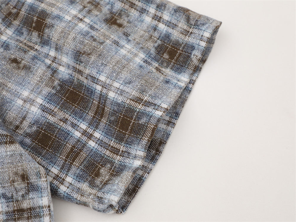 American Vintage Tie-Dye Plaid Short Sleeve Shirt with Dragon Graphic