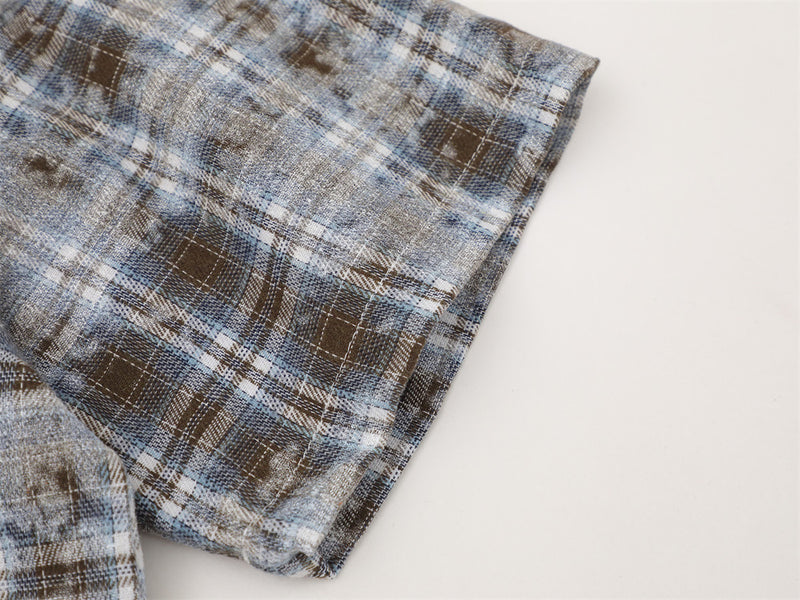 American Vintage Tie-Dye Plaid Short Sleeve Shirt with Dragon Graphic
